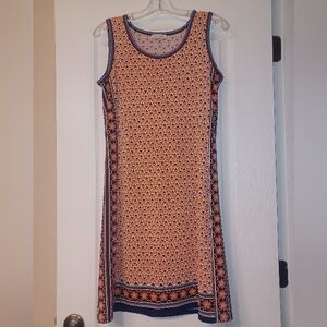 Max Studio Orange Geometric Midi Shift Dress with Navy Trim